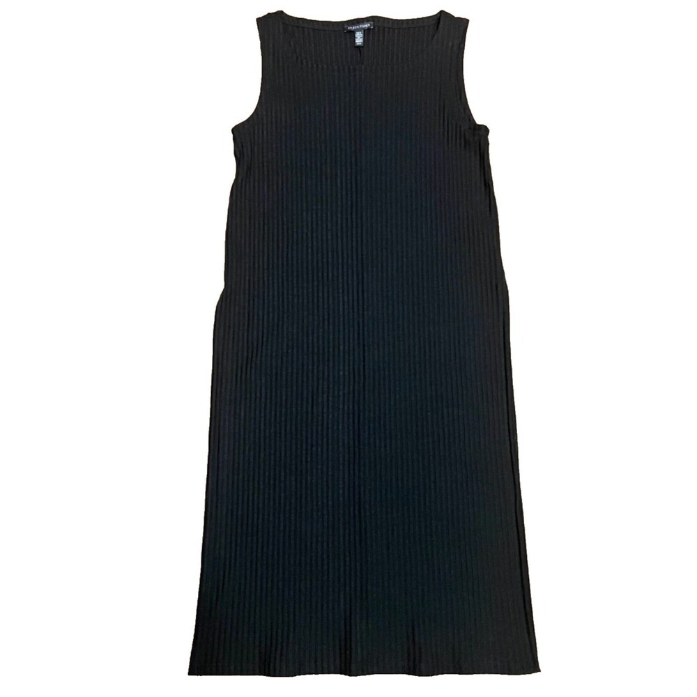 EILEEN FISHER Black Ribbed Knit Tunic Dress High Side Slits Stretch Casual Sz XS